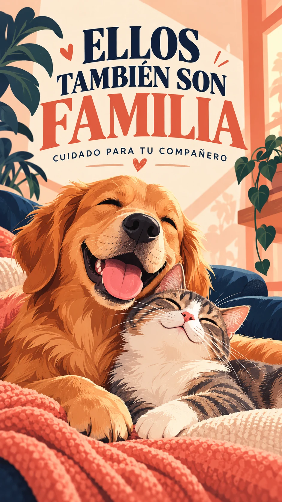 Afiche ilustrado completo de un perro y un gato: Ellos también son familia